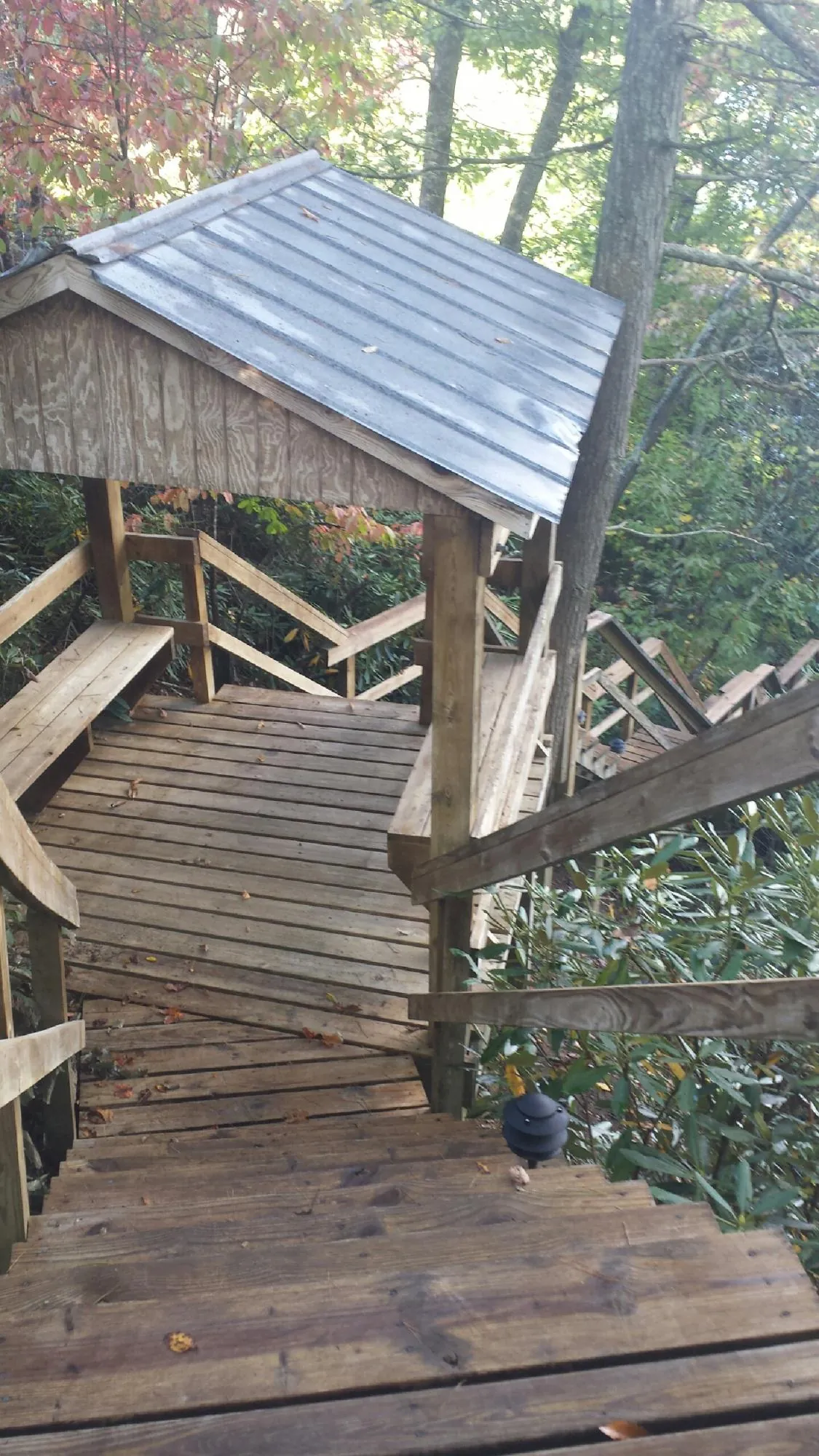 Metal roofed shelter over wooden steps on a wooded walkway — Skylight Repair & Installation work by our crew in Gully